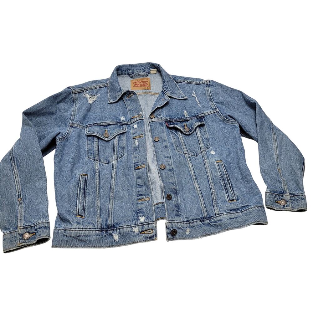 Levi's denim jean trucker jacket ripped retro western thrashed XL
